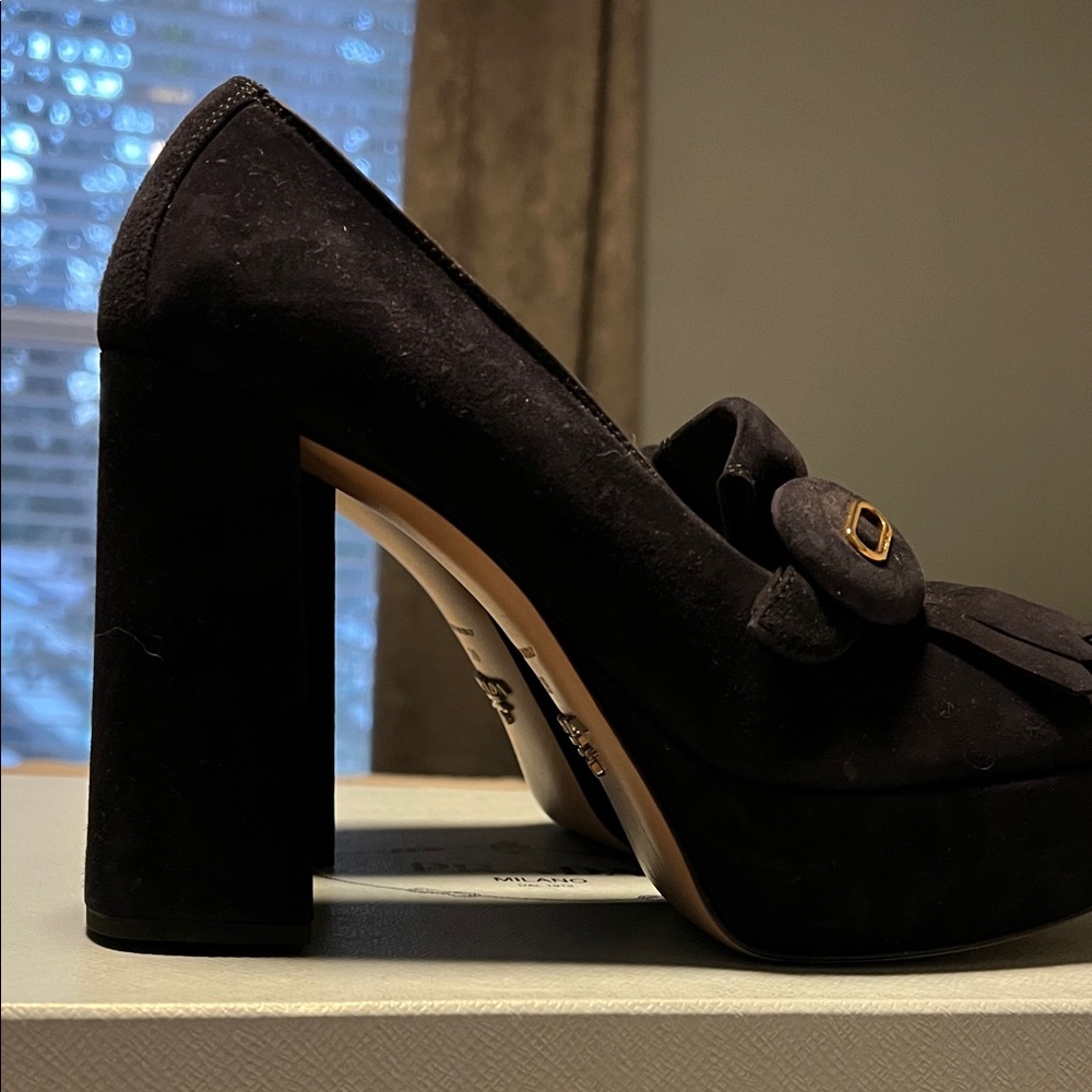 Prada Black Suede Platform Heels with Fringe - Picture 7 of 16